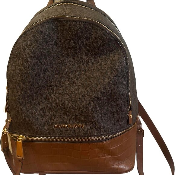 Michael Kors Rhea Medium Zip Around Backpack (Logo Brown Leather) - Picture 1 of 8